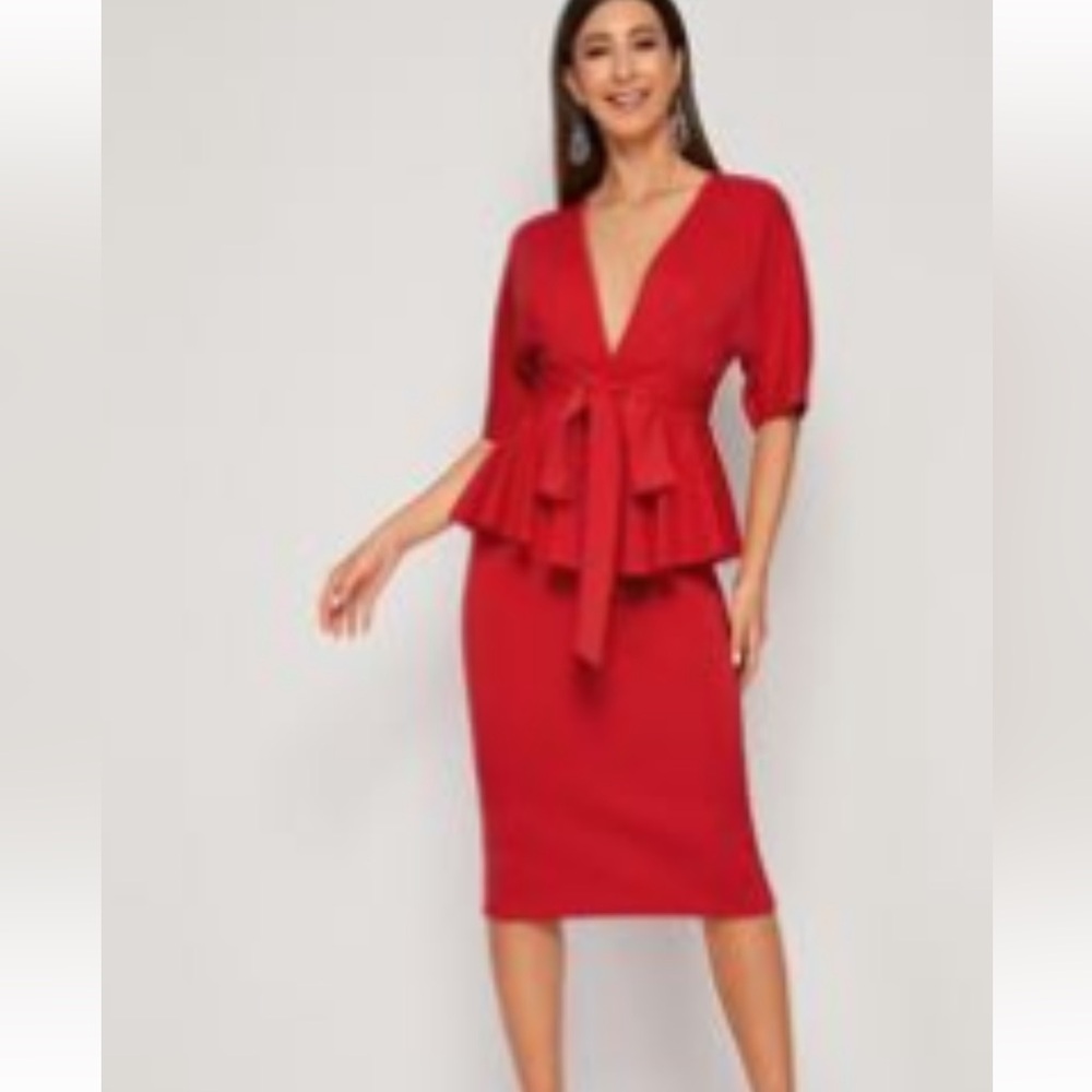 New Shein Plunge Neck Self Belted Peplum Split Pencil Dress Sz XL